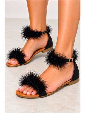 Black Feather Ankle Strap Flat Sandals Gold Buckle Open Toe